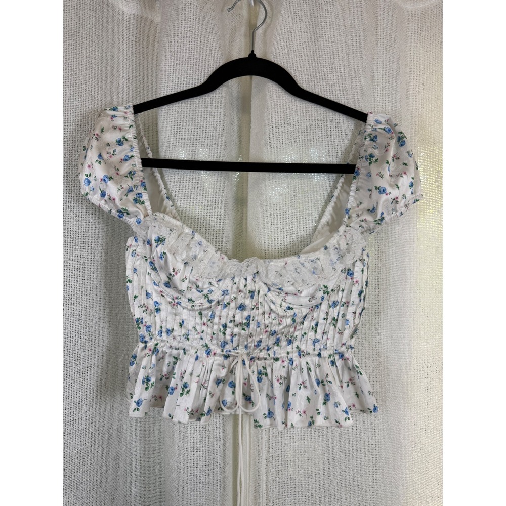 Blue Floral Milkmaid Top Puff Sleeve Corset Back Peplum Blouse